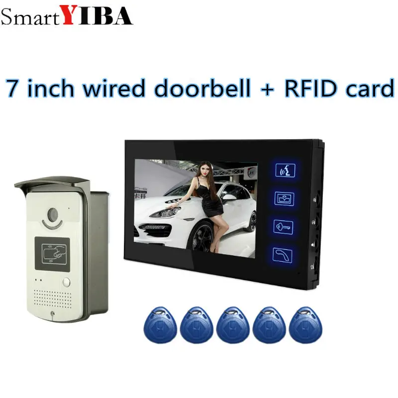 

RFID Wired Video Intercom Video Door Phone 7'' Color Monitor Video Camera Doorbell Waterproof Card Keyfobs Unlock for Home Villa