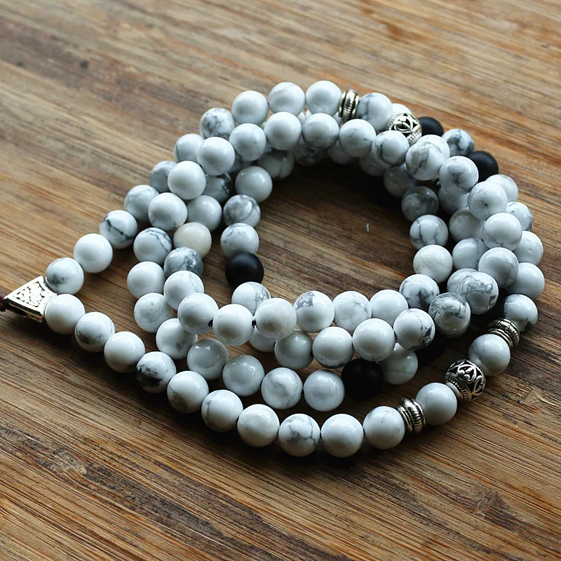 Inelastic 8mm 99pcs Round Howlite Stone Beads Buddhist Prayer Rosary Mala Necklace for woemn men jewelry