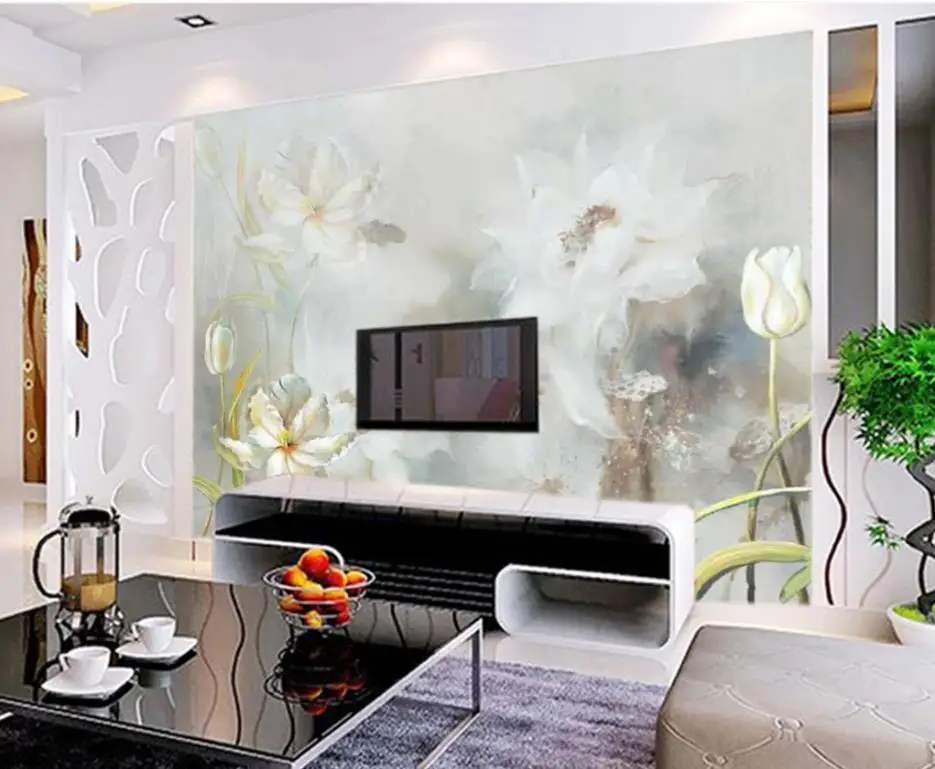 

3D Wallpaper European minimalist white lotus hand painted oil painting background wall painting Custom 3d Mural Wallpaper