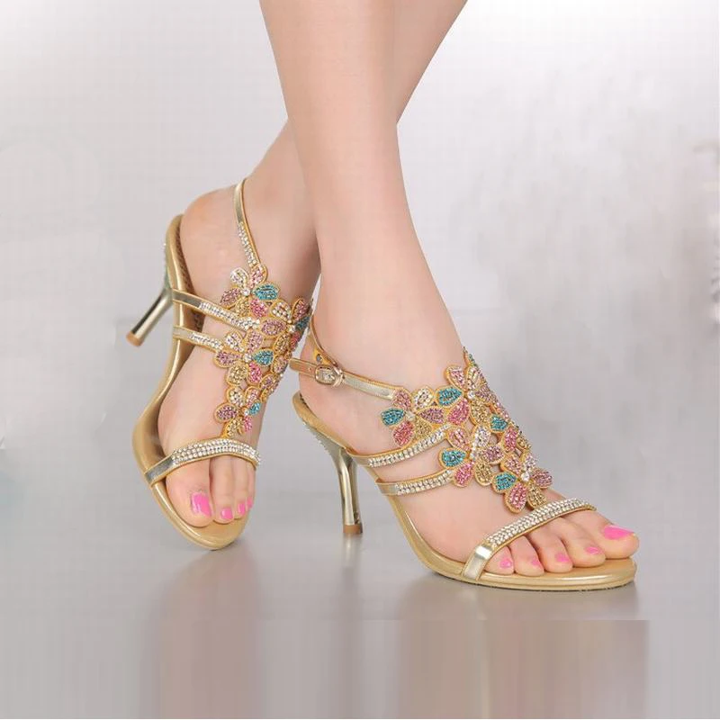 hot 2018 new arrival bling bling rhinestone flower high heels sandals colorful crystal women gold peep toe shoes plus size 34-44