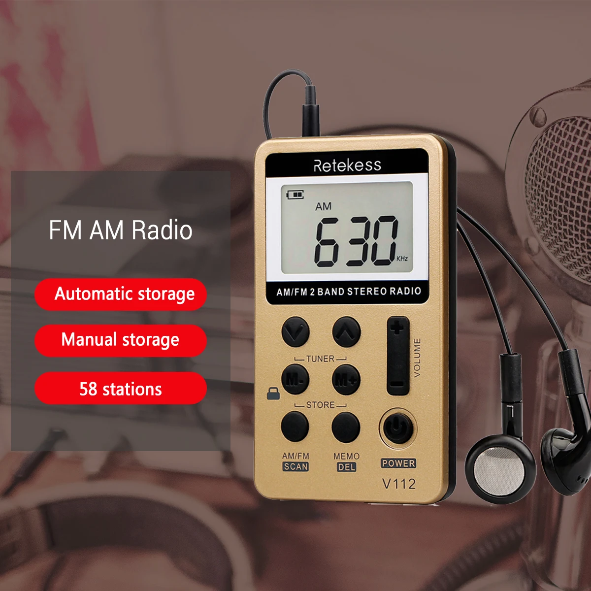 Retekess V112 радио мини карманный радиоприемник портативные радиоприемники AM FM перезаряжаемые время сна Наушники для Walkman Go Hiking