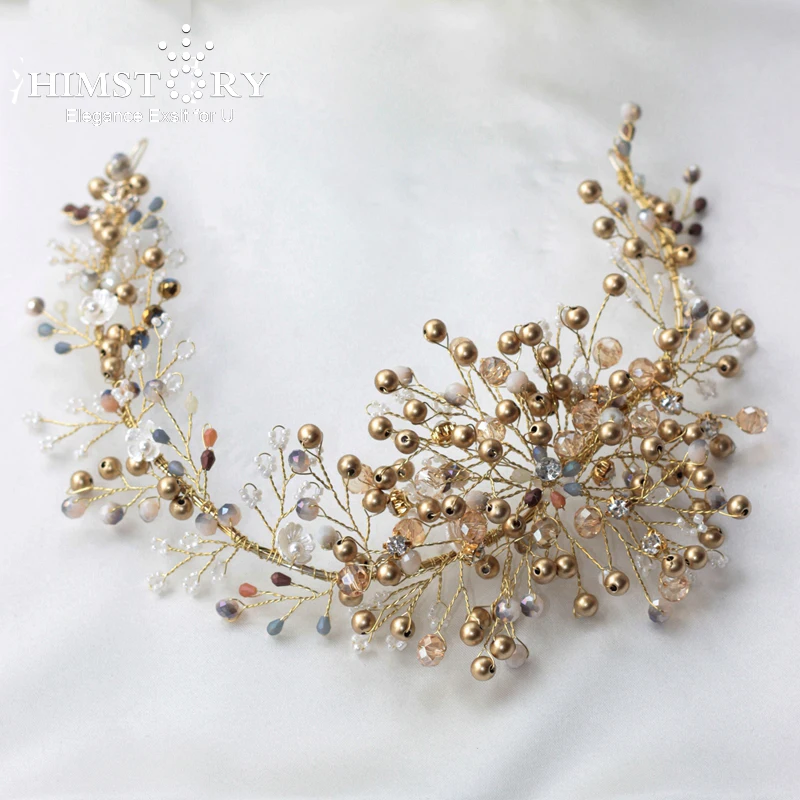 

Himstory Gorgeous Handmade Pearl Hairband Long Free Bending Beaded Crystal Bridal Wedding Headpiece Hair Accessories