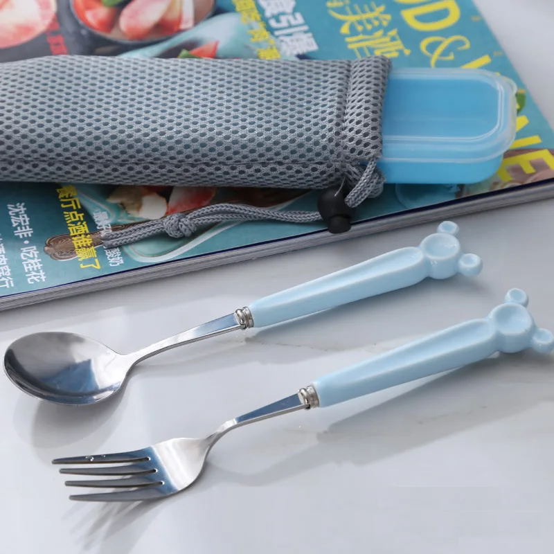 Stainless Steel Dinnerware Set for Children, Ceramic Long Handle Fork, Blue, Solid, Pink, Cute Cartoon Tableware, 2Pcs Set