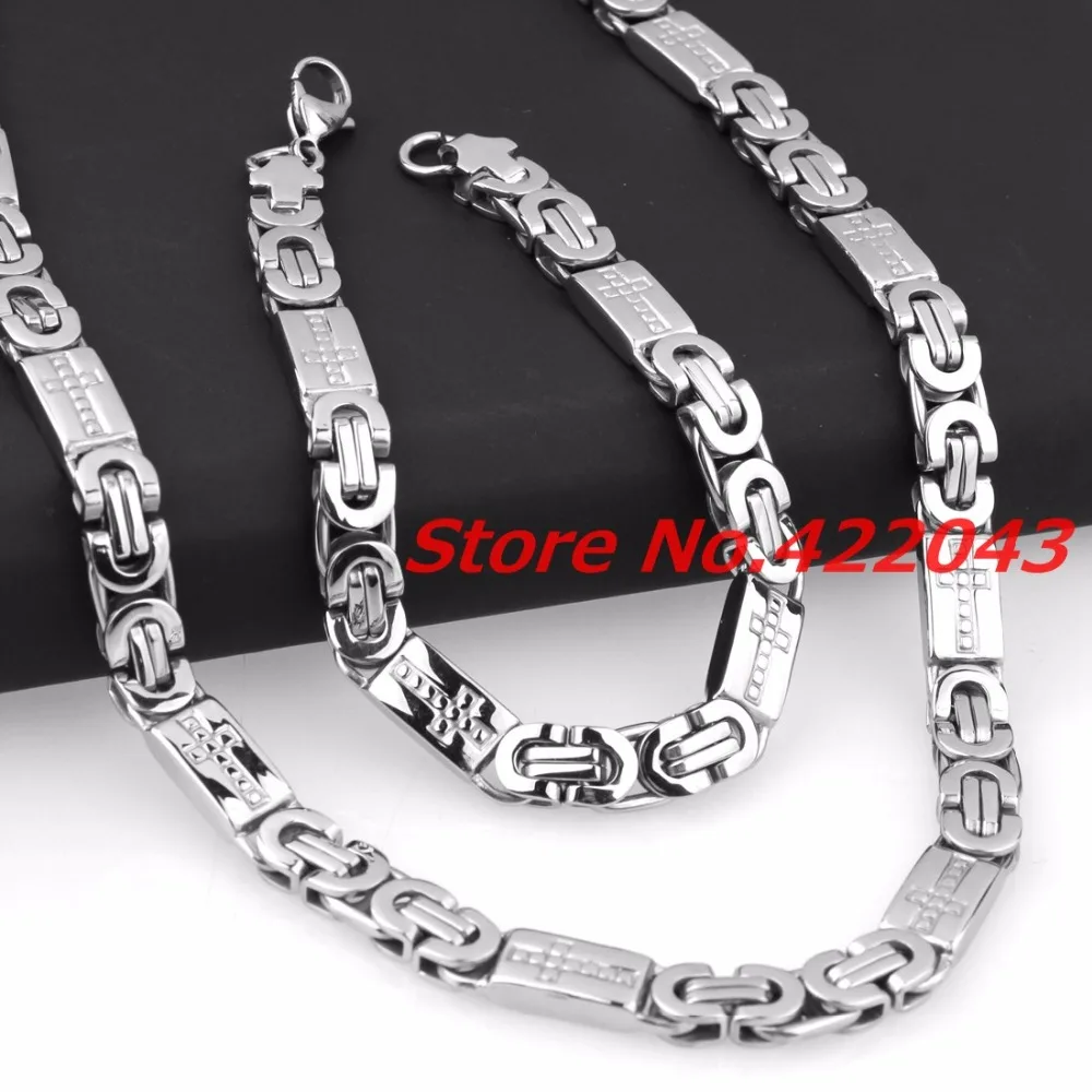 New Fashion 8mm Mens Chain Boys Necklace Silver color Tone Flat Byzantine Link Stainless Steel 55cm Necklace & 23cm Bracelet