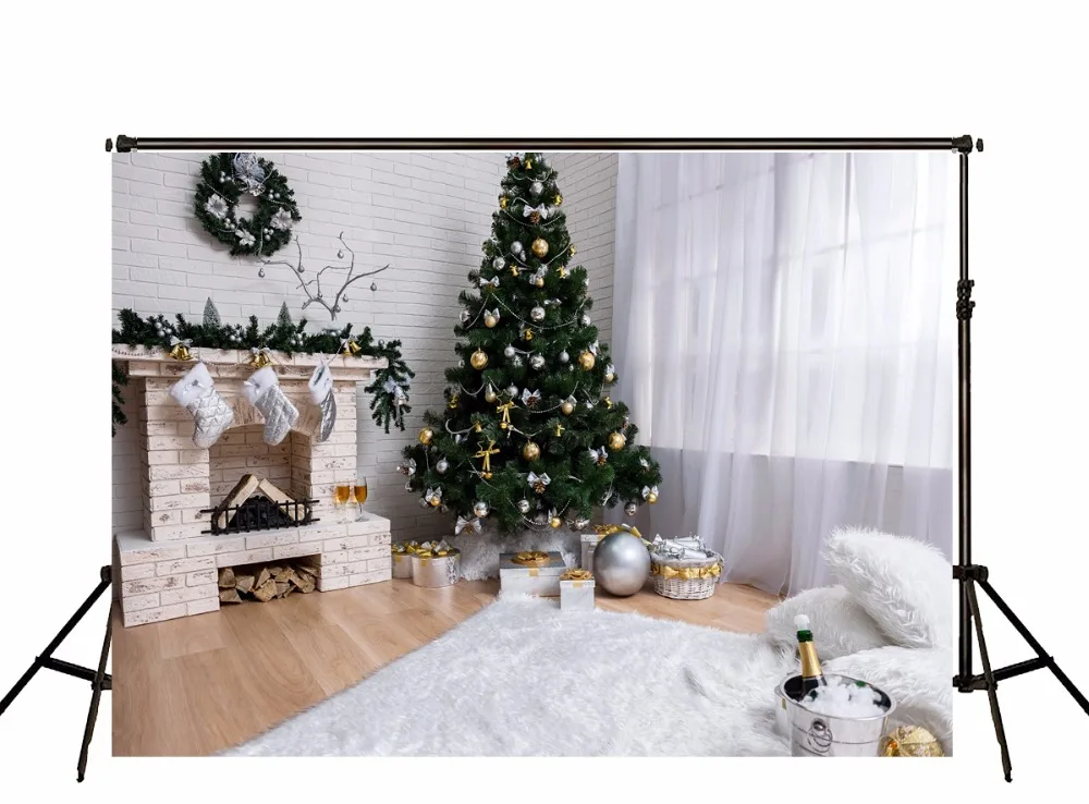 

VinylBDS Christmas Simple Photography Backgrounds Indoor Christmas Tree Backdrops Window Stove Sock For Children Photo Studio