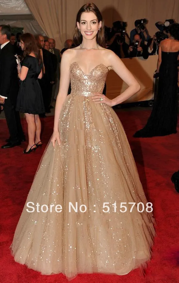 

Sexy Golden Sequin Sash Dazzling Sweetheart Anne Hathaway A Line Train Celebrity Dresses Prom Gowns