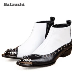 Batzuzhi Western Rock Black White Ankle Man Boots ITALY TYPE Increased Height Pointed High-top Man Leather Boots, Big EU38-46!