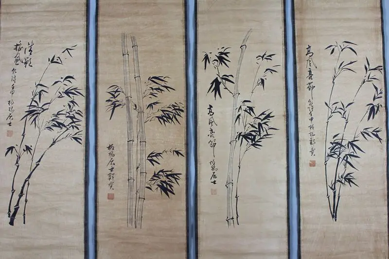 Exquisite Chinese archaize four screen bamboo Calligraphy and painting