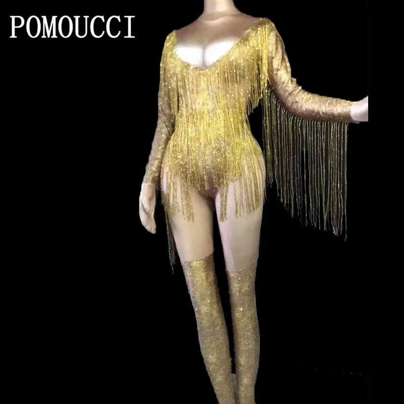 

Sparkly Gold Rhinestones Tassel Bodysuit One Piece Leotard Dance Wear Women's Celebrate Female Singer Crystals Costume Outfit