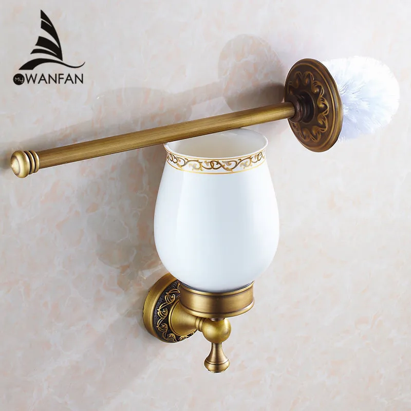 Toilet Brush Set Brass Antique Household Toilet Long Handle Cleaning Toilet Brush Retro Toilet Brush Ceramics Cup Wall-Mounted