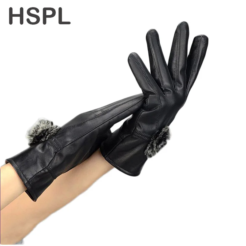 Real Sheepskin Leather Gloves Women Winter Warm Genuine Leather Warm Glove With Rex Eabbit Fur Rose Female