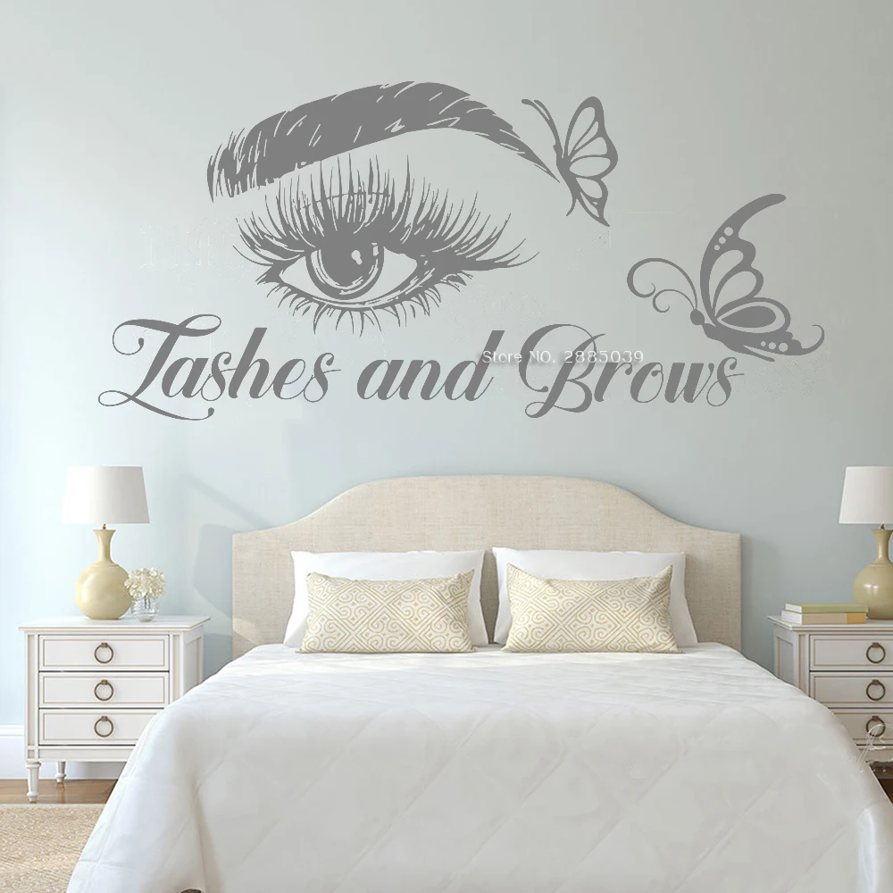 Lashes And Brows Text Eyelash Decals Wall Decor Eyelashes Salon Murals Butterfly Lashe Wall Stickers Studio Decoration LC1359