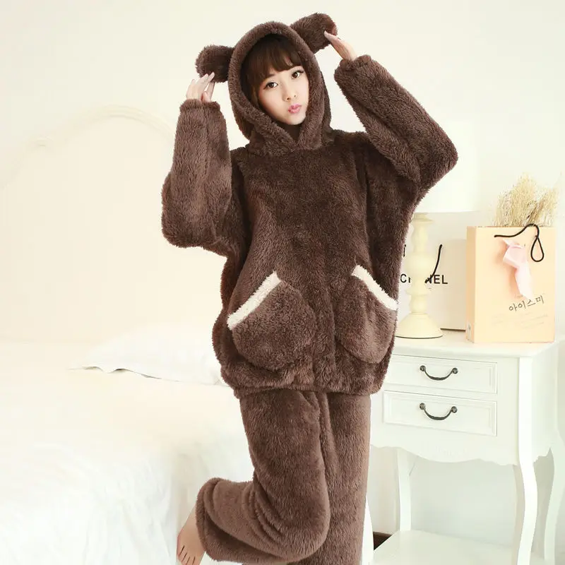 Two Piece Winter Women Pyjamas Thicken Flannel Pajama Sets  Lovely Bear Hoodie Cute Pijama Long Nightgown Sleepwear