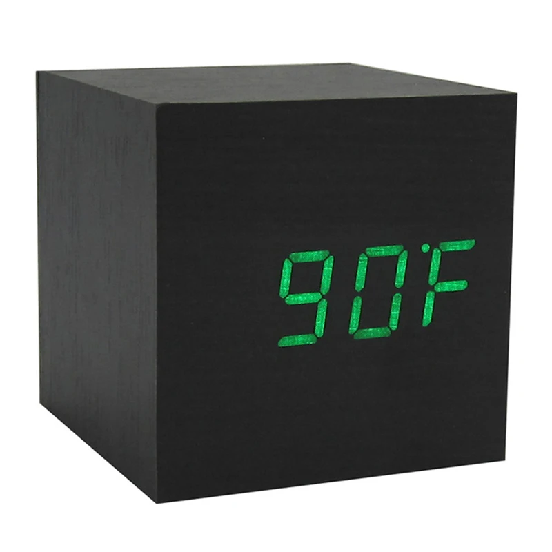 Cube LED Digital Alarm Clock Night light Square Modern Sound Control Wood Clock Display Temperature USB/AAA Powered 10 Color