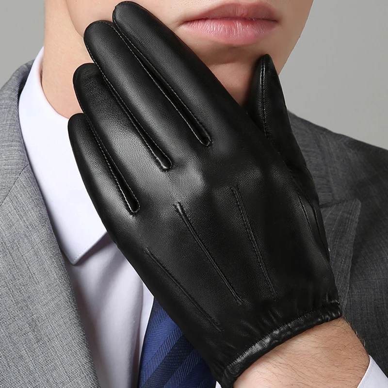 Genuine Leather Men Gloves Autumn Winter Plus Thin Velvet Fashion Trend Elegant Male Leather Glove For Driving M18001