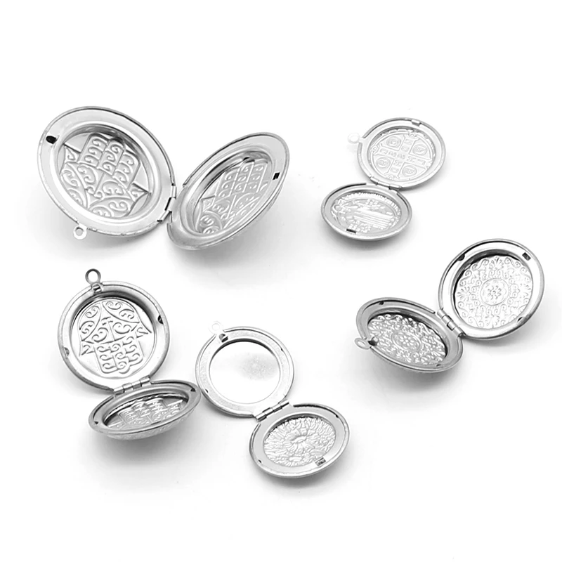 Stainless Steel Carved Designs Round Photo Frame Pendant Necklace Charms Locket Necklaces Women Men Jewelry Making Supplies