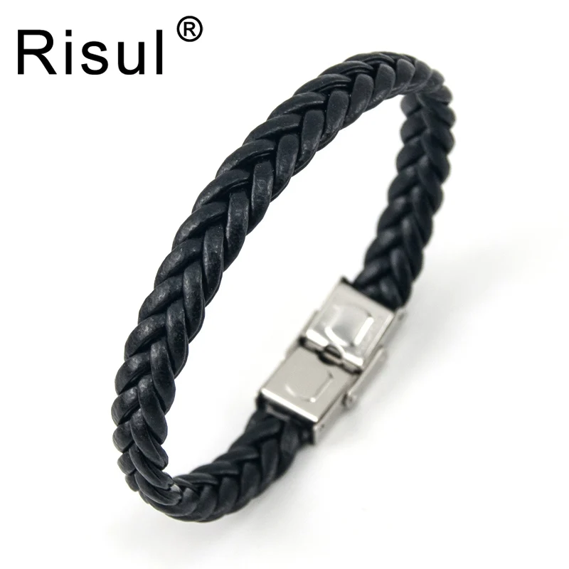 

Risul Personalised Leather woven Bracelet Stainless Steel safe Clasp Fashion Male Bangles Father's jewelry Gift wholesale 50pcs