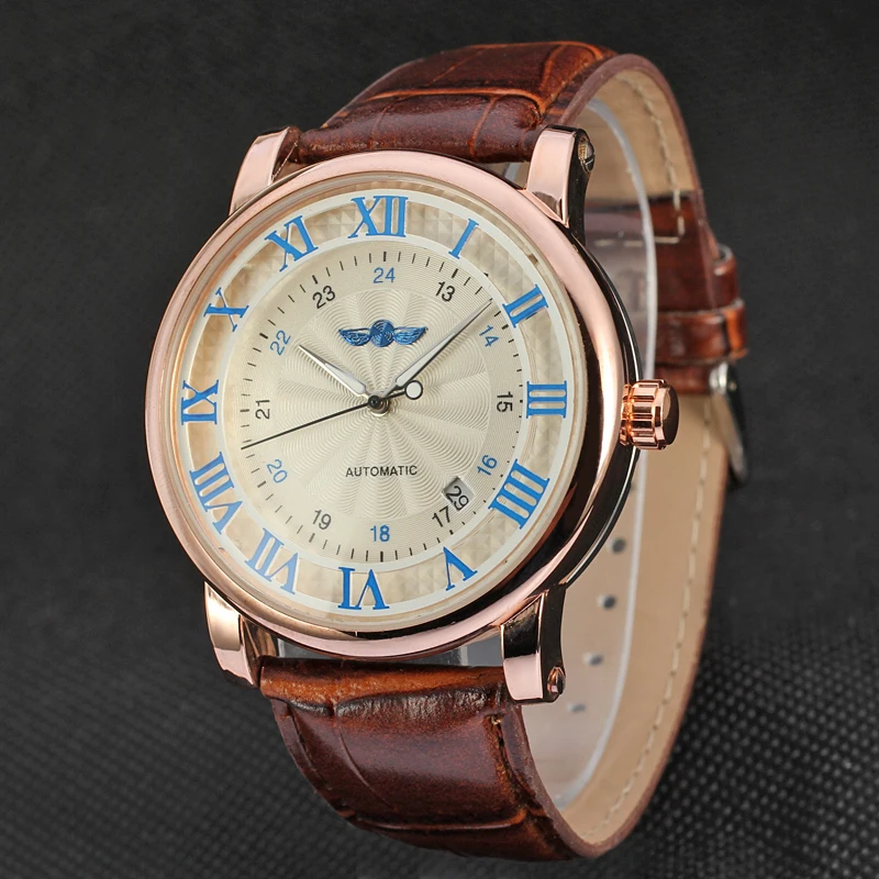 T-WINNER  Classic Men Women WatchesRose Golden Case Mechanical Auto Calendar Self Wind Reloj  Automatic Casual Leather Montre