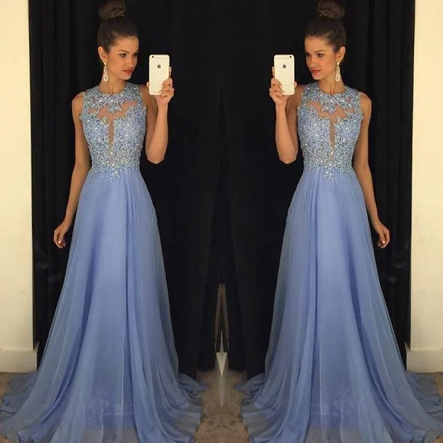 

New Arrival 2016 Best Selling Royal Blue Prom Dress O Neck Sleeveless A Line with Appliques Beaded Chiffon Customize Party Dress