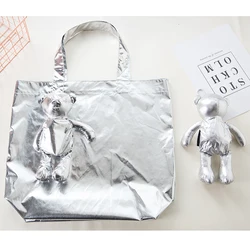 Bolso de mano de algodón con relleno de oso recubierto de plata ecológico, bolsa de comestibles reutilizable, bolsa de compras impermeable