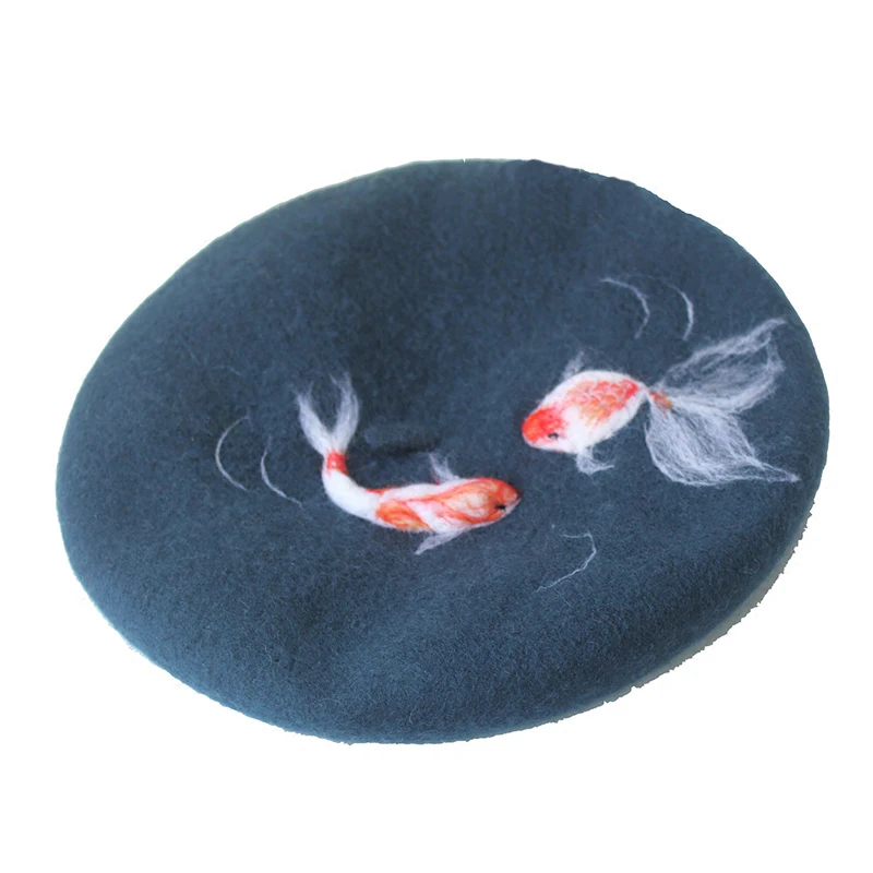 Cute Goldfish Berets Princess Sweet Lolita Hat Vintage Handmade Fish Hat Real Woolen Warm Winter Beret Manual Wool Felt Beret