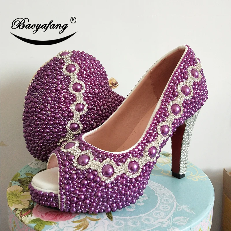 

Purple Pearl Women Wedding shoes with macthing bags Peep Toe shoes and bags woman High Pumps 10cm Open Toe fashion shoe