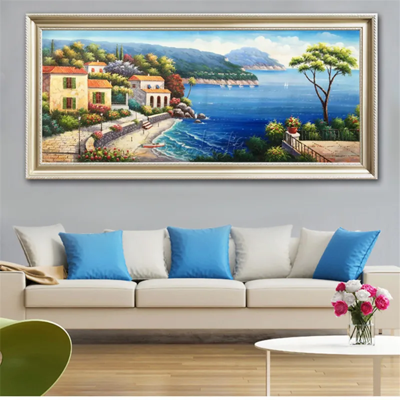 

Hand-painted Mediterranean Sea view room painted the sitting room decorates a wall painting on the canvas art wallpaper image 33