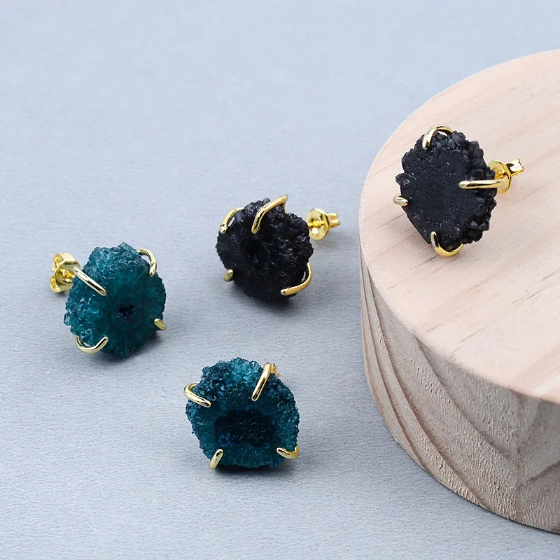 BOJIU 6 Color Round Natural Druzy Women\'s Stud Earrings Blue Green Purple Red Black Quartz Drusy Earrings Female Ear Studs EA059