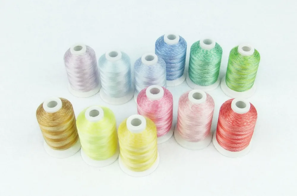 Free shipping variegated color embroidery machine thread 1000m + 12 assorted colors + 1000m/mini-king spools, 12 cones/set