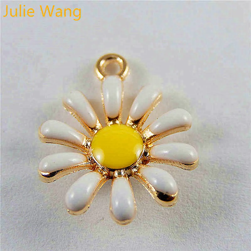 Julie Wang 10PCS Enamel Daisy Sun Flower Alloy Charms Pendant Earrings Bracelet Jewelry Making Accessory