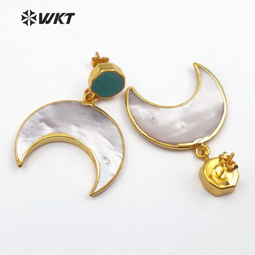 WT-E429 Exquisite Design Crescent Shape Pearl Shell Mosaic Inaly Natural Stone Gold Dipped Drop Earring Gift For Women