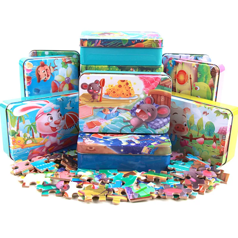 60 Pcs/Box Cute Cartoon Puzzle with Iron Box for Children Jigsaw Wooden Animal Puzzle Early Educational Toys for Kids Gift