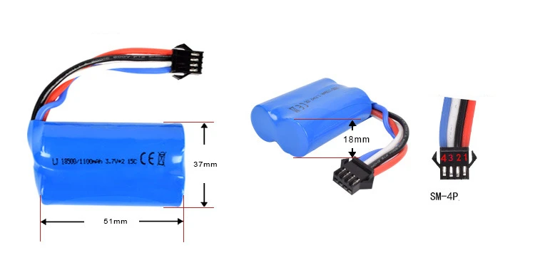 Batterie Lipo améliorée 3.7V 1100mAh 18500, pour UDI 001 UDI001 Huanqi 960, bateau rapide télécommandé avec prise SM-4P