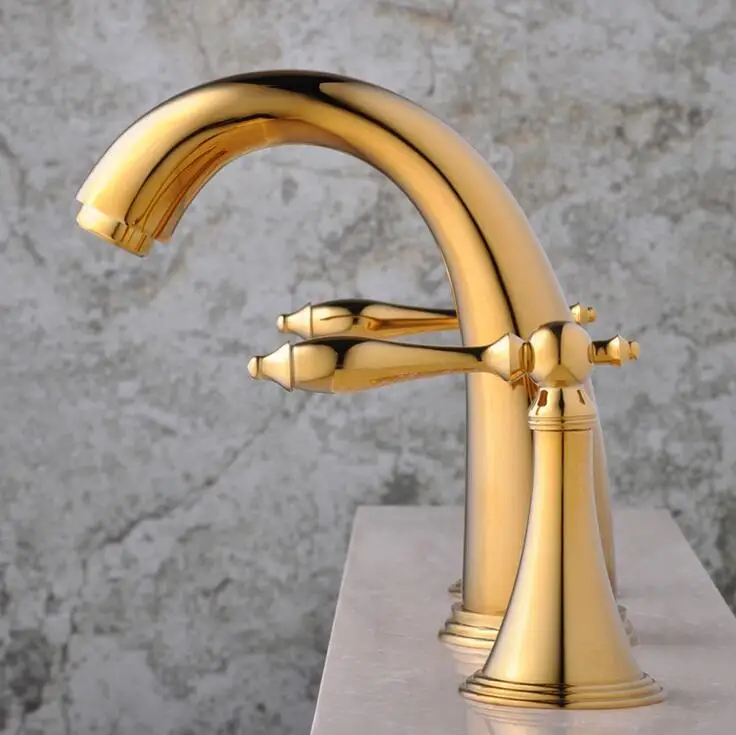 2 handles sink basin faucet hot and cold, Copper three hole sink basin faucet golden, Brass handle bathroom bathtub faucet deck