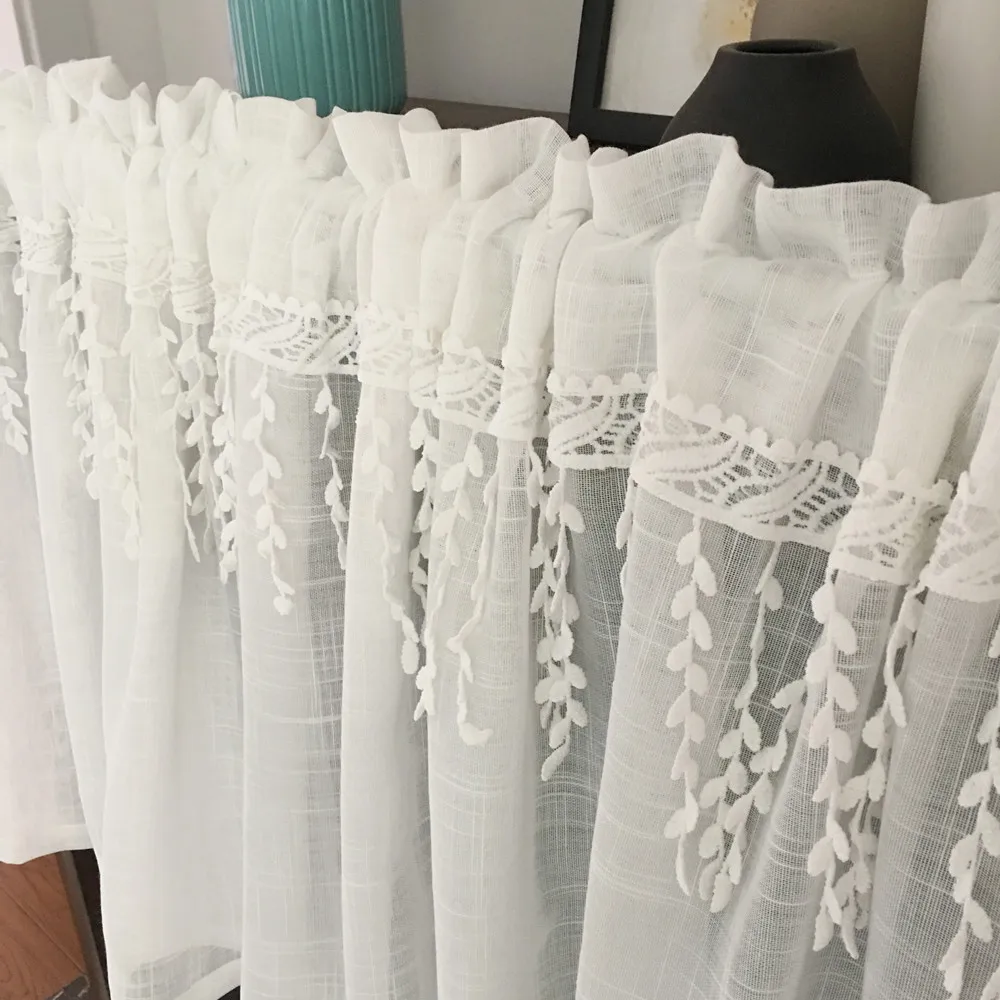 White Half Curtain Willow Leaf Water Soluble Lace Coffee Yarn Pure Short Curtain for Bar Kitchen Cabinet Door Children\'s Room
