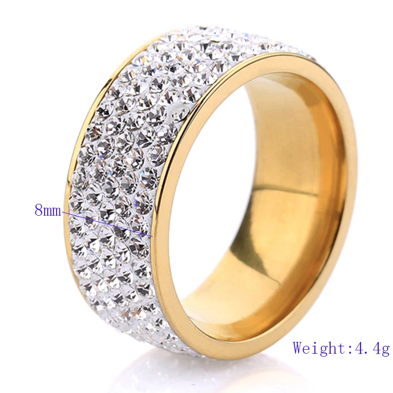 5 Row Crystal Jewelry Pave Gold-Color Stainless Steel Wedding Rings for women