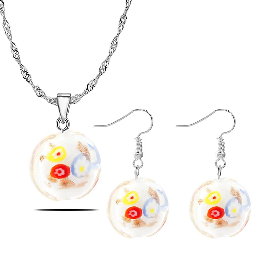 QianBei Murano Lampwork Glass Flowers Beauty Charms Necklace+Earrings For Women gift