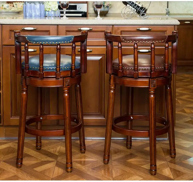 American-style solid wood bar chair. European backrest stool. Leather revolving bar chair.