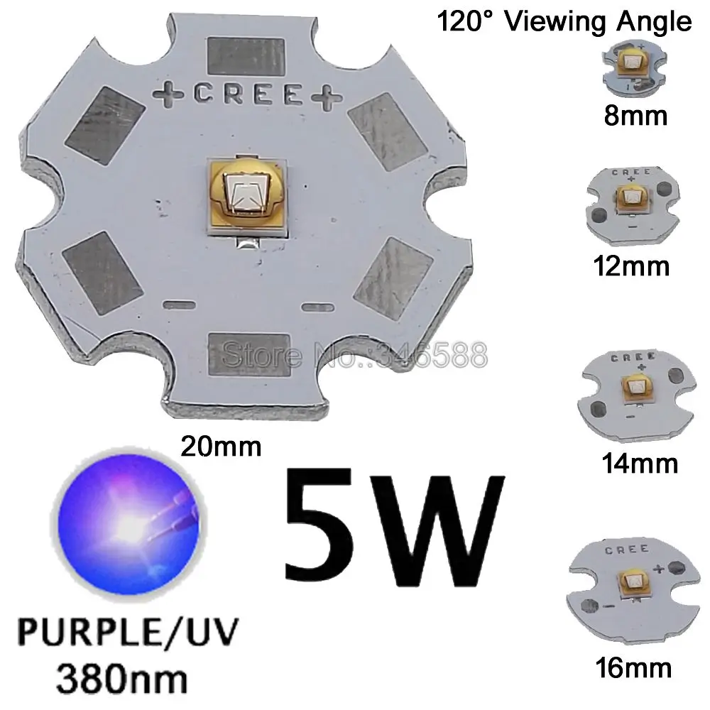 

10pcs 5W LG3535 Ultra Violet/UV Purple 380-385nm High Power LED Emitter Diode Chip on 8mm/12mm/14mm/16mm//20mm PCB Board 1500mA