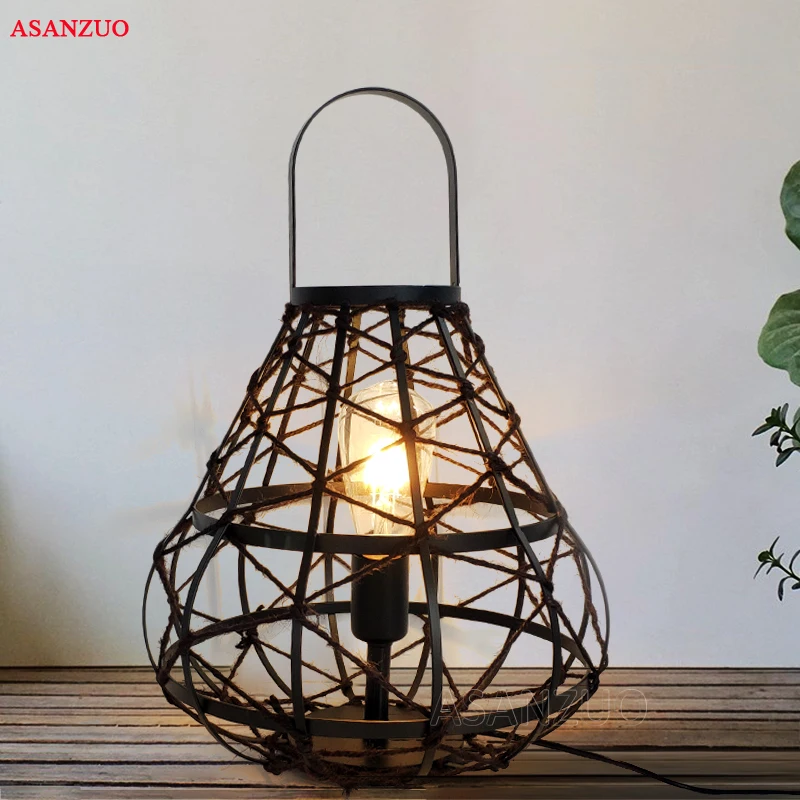 

Retro Edison Table Lights Lamp Industrial Loft Wrought Black Lanterns Rope Lamp Home Lighting E27