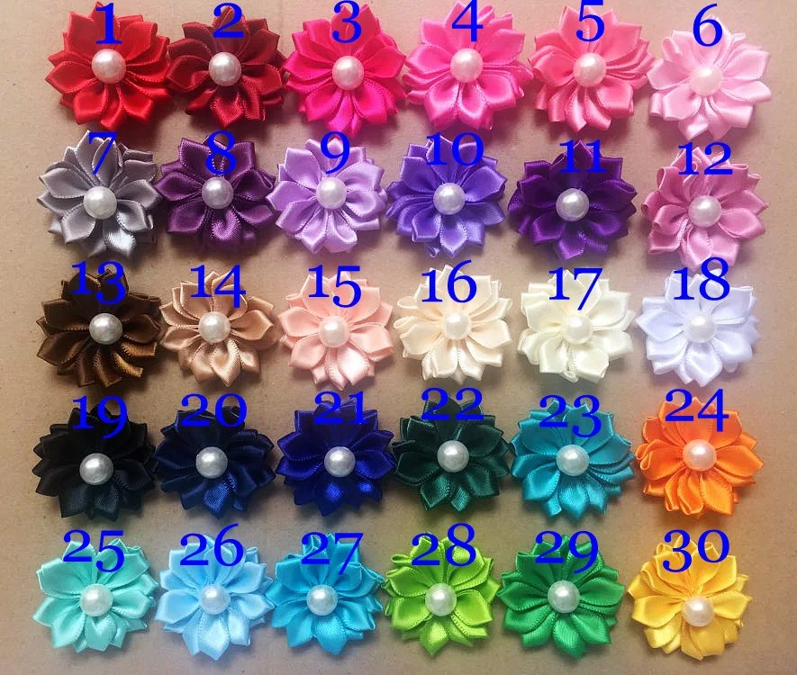 120pc/30 colors With Pearl Center Mini Satin Flowers Satin Rosettes Headband,Ribbon Multilayer Flowers 1.5\