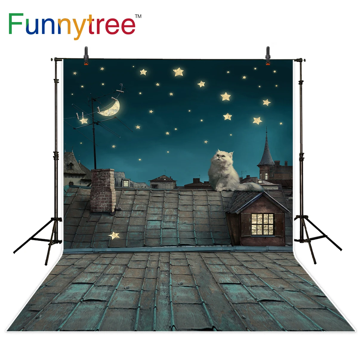 Funnytree fairy tale roof background for kid photo studio brick starry sky moon night backdrop photobooth photo prop photocall