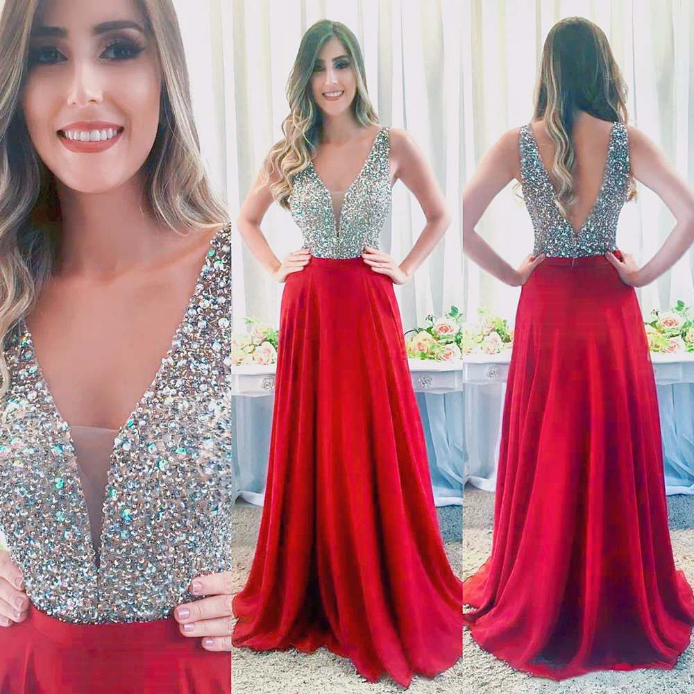 Vestidos de Fiesta formales Borgoña largos elegantes con cuello en V sin mangas cristales brillantes con cuentas corpiño Línea A hasta el suelo vestidos de noche