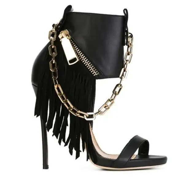 

2017 Metallic chains black fringed stiletto gladiator sandals women high heels platform sandal size zipper ankle boots booties