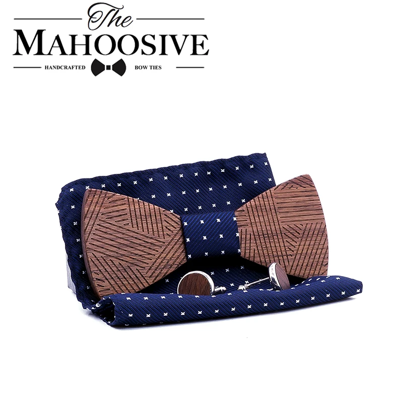 Men\'s Plaid Wooden Bow Tie Set Striped Wood Bowtie Handkerchief Cufflinks Sets With Wood Box For Men Wedding Gift