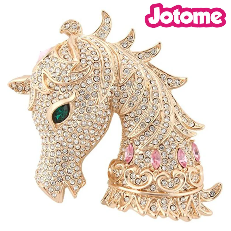 

100pcs a lot Gold-tone Horse Head Brooch Pendant Clear with Pink Austrian Crystal