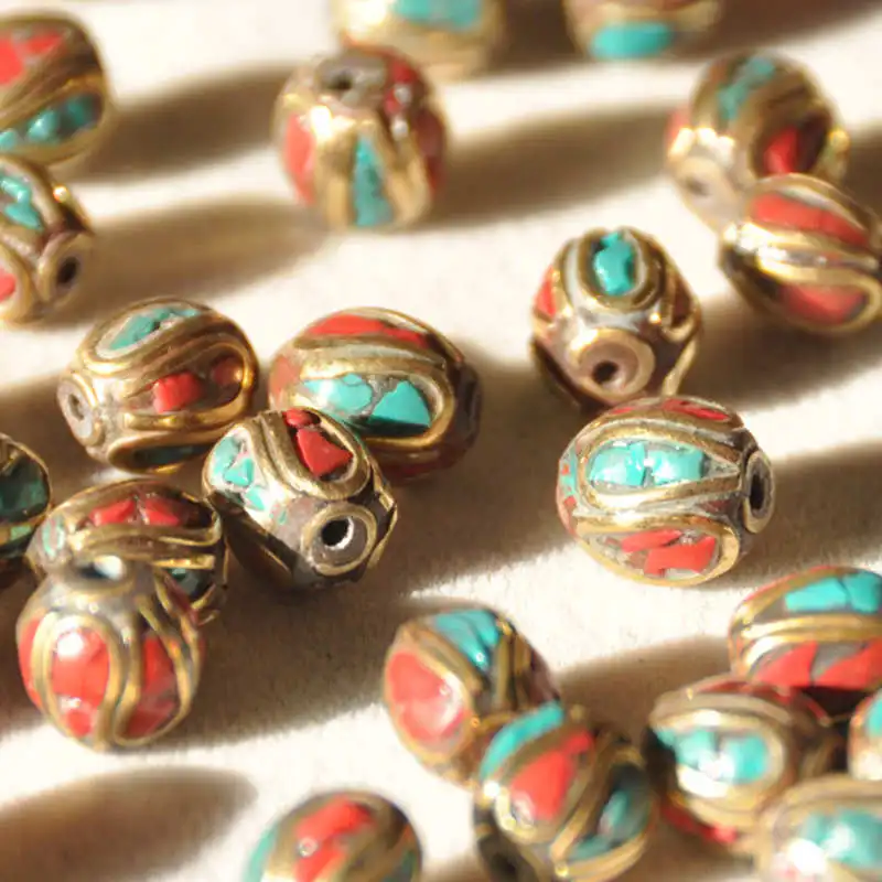 10PCS Nepal Handmade Loose Round Beads Inlay Colorful Stone for DIY Jewelry Accessories NBB315