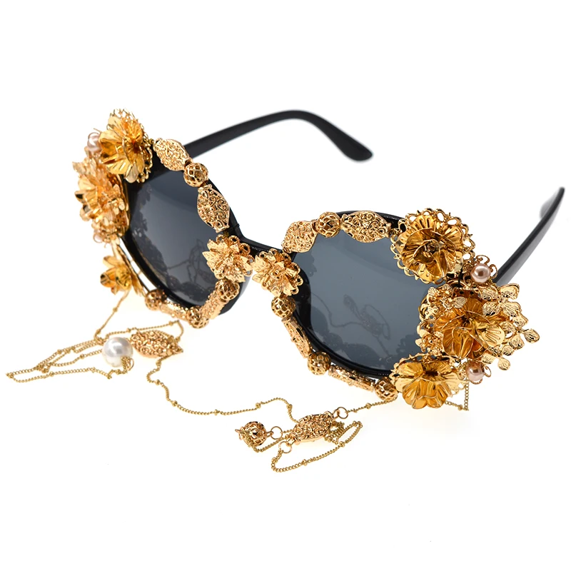 Fashion Design Baroque Gold Retro Handmade Metal Butterfly Flower Eyewear Women Vintage Style Tassel Chain Sunglasses