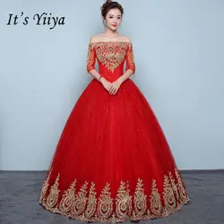 It's YiiYa Vintage Embroidery Red Wedding Dresses Sexy Boat Neck Floor Length Bride Frock Vestidos De Novia XXN199