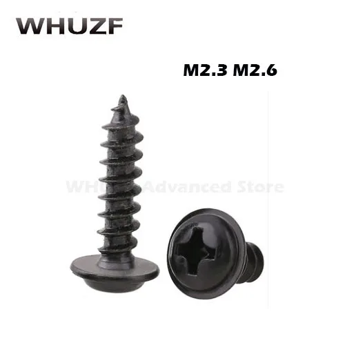 M2.3/2.6mm Black Nickel Plated Steel Cross Philips Pan Round Head Pointed Tail Self Tapping Screw With Washer